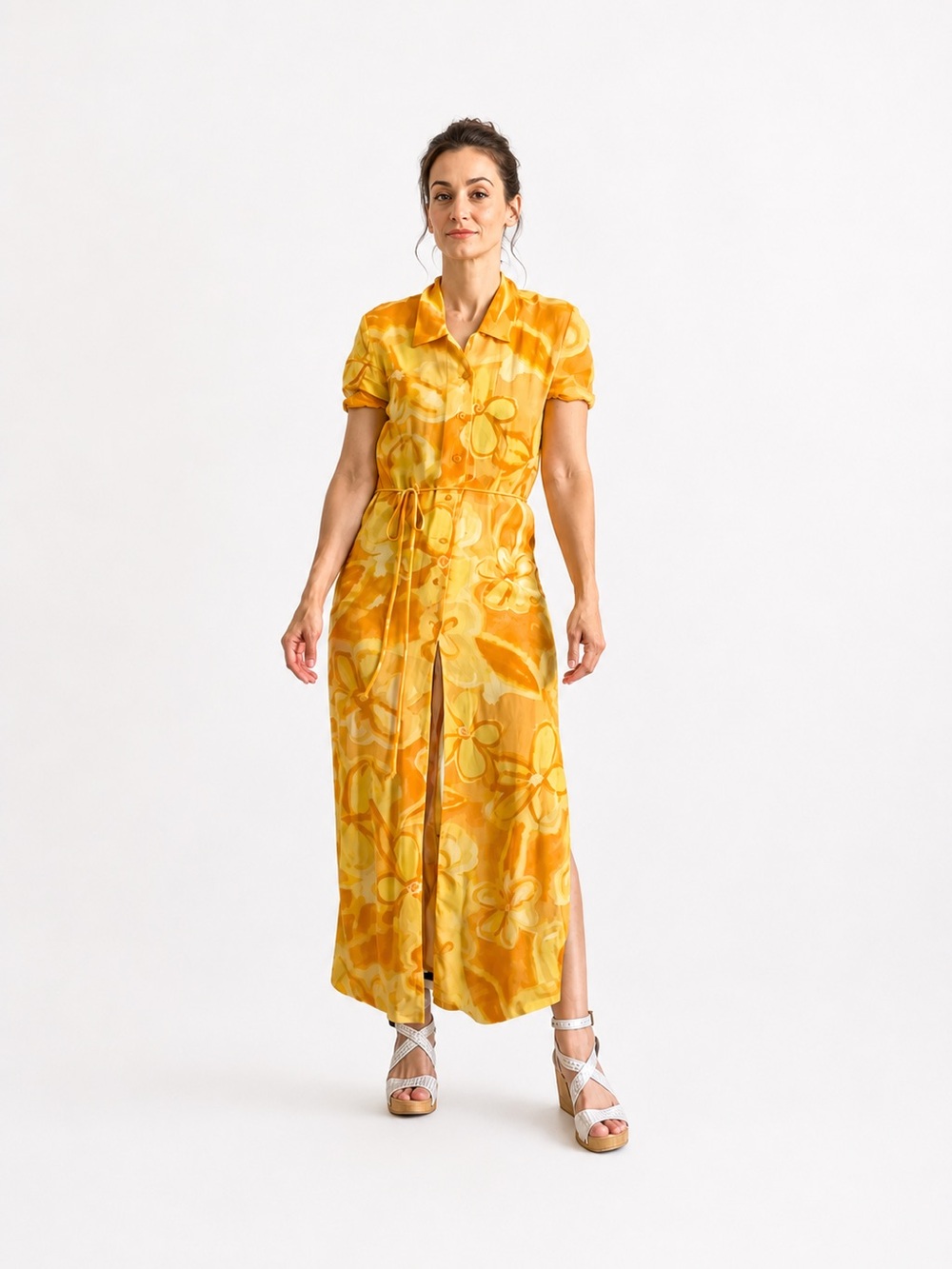 Vintage Sheer Joseph Ribkoff Yellow Floral Maxi Shirt Dress Cover Up Small